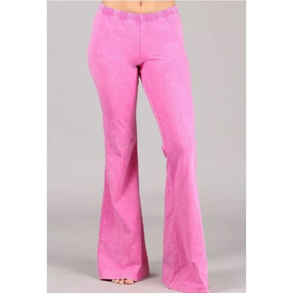 SOLD OUT Bubble Gum Pink Mineral Wash Boho Flared Pants - Picture 2 of 6